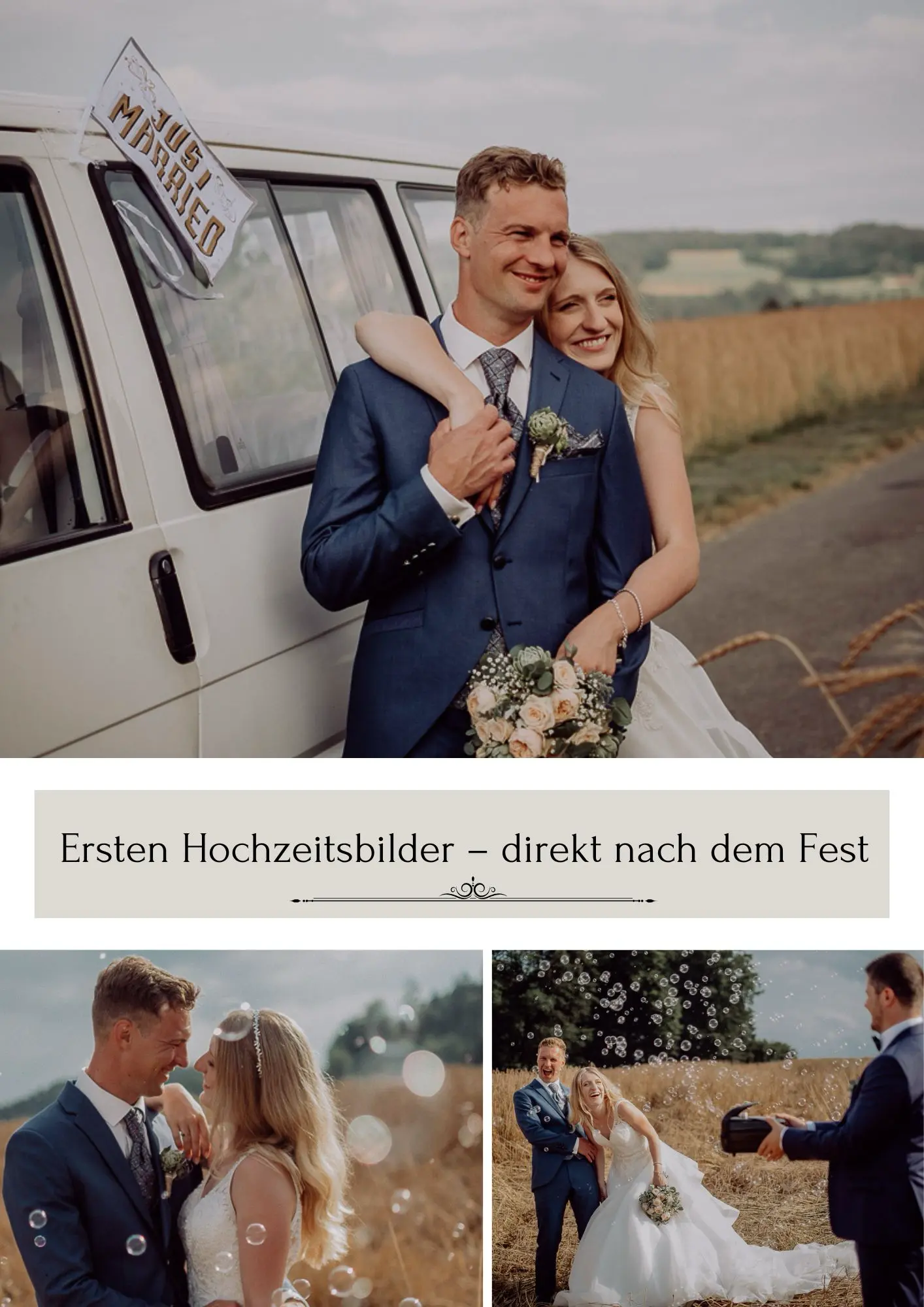 Hochzeitsfotos im Feld mit Brautpaar,Seifenblasen,Elopement