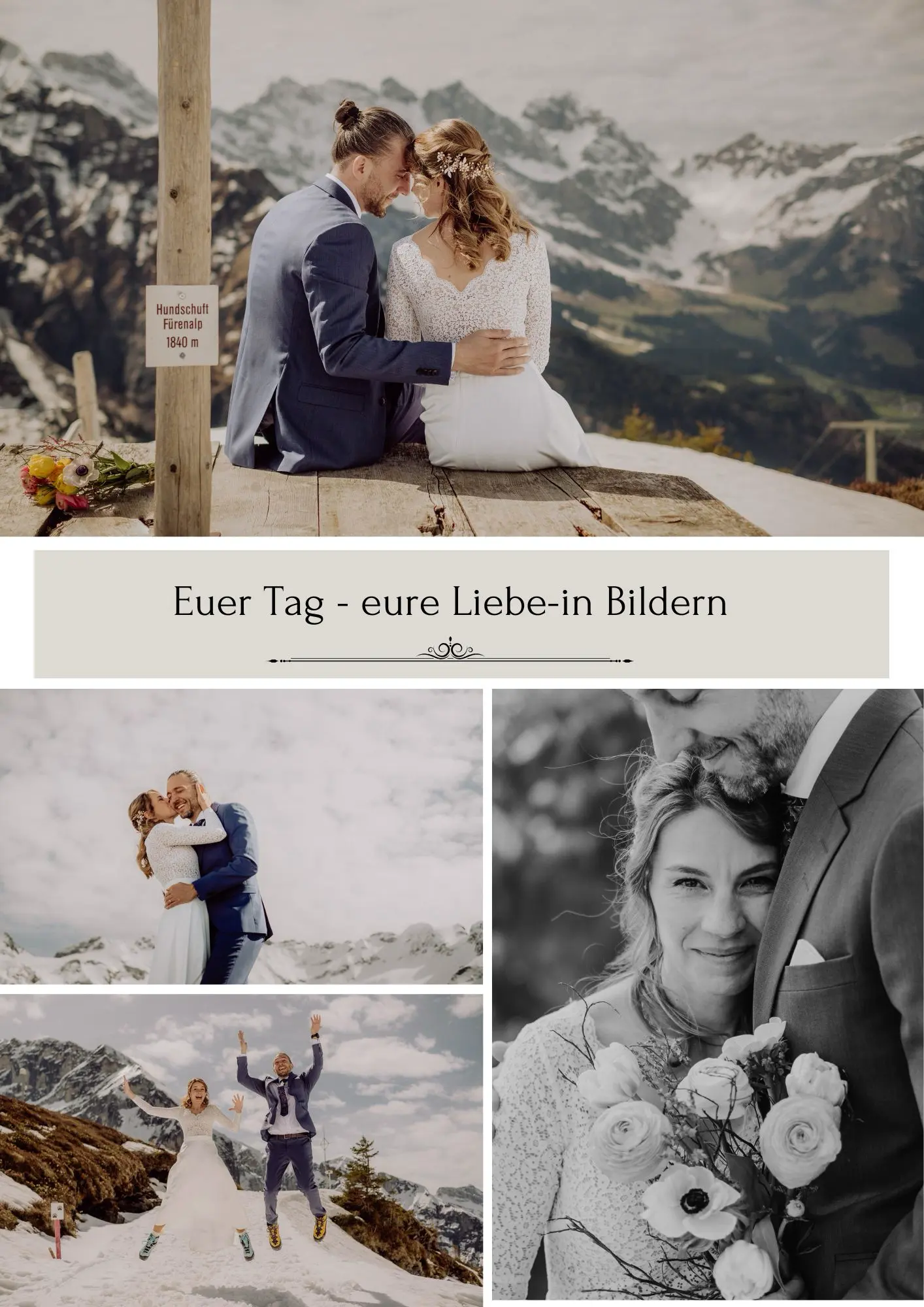Hochzeitssshooting,hochzeitsreportage mit Hochzeitsfotografin eineprisesalz auf dem Berg im Schnee